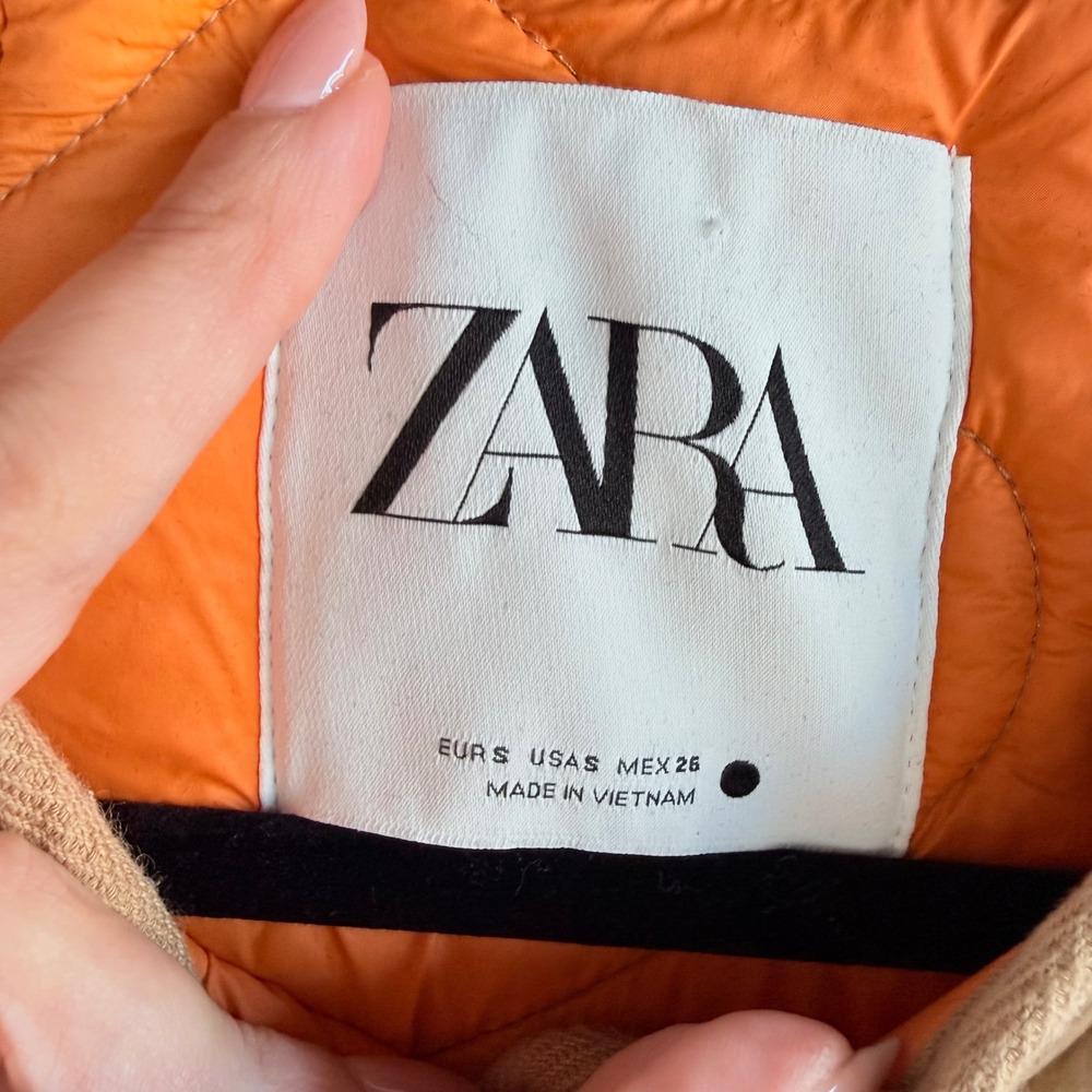 Zara Quilted Jacket Tan Khaki Oversized Button Up Puffer Liner Coat Womens S - Picture 6 of 9